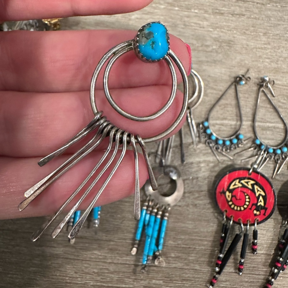 Selling a set of 4 earrings 3 or sterling silver with blue topaz. 1 hand painted - Picture 6 of 7